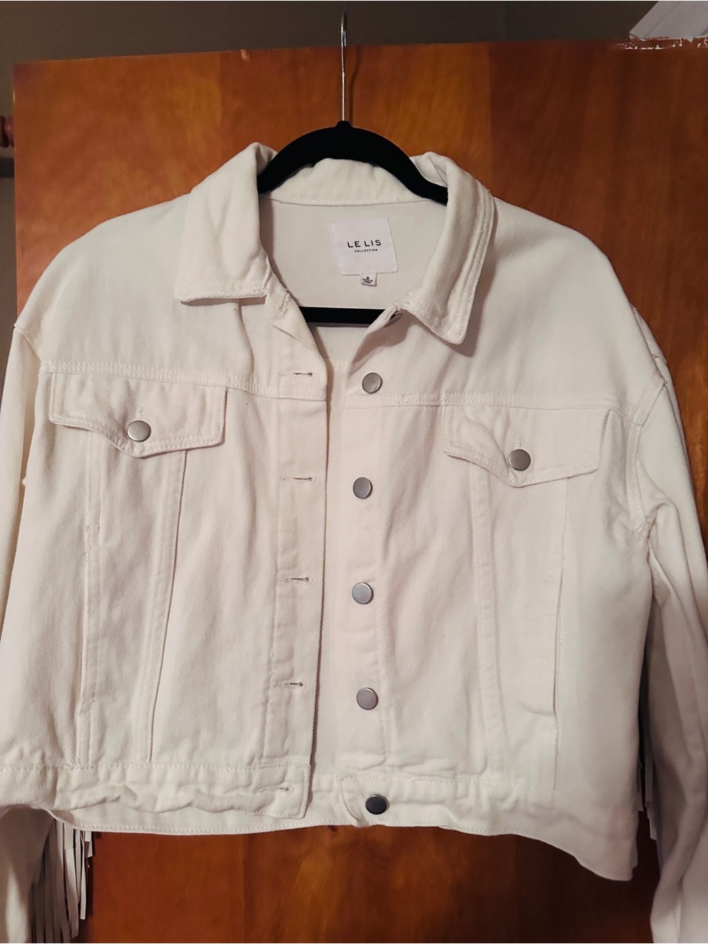 Le Lis Cream Cropped Denim Jacket with Button Front